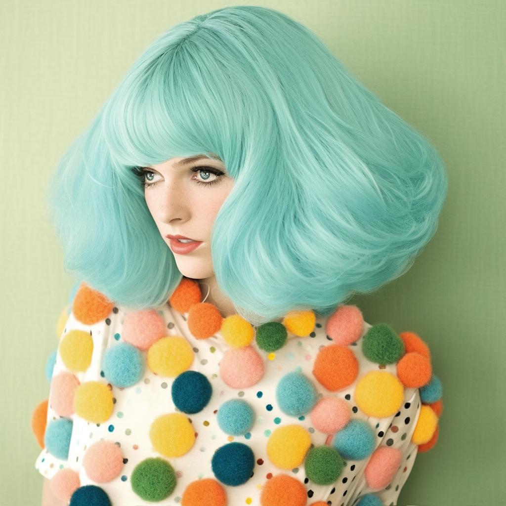 Bright Blue Wig with Colorful Pom-Poms