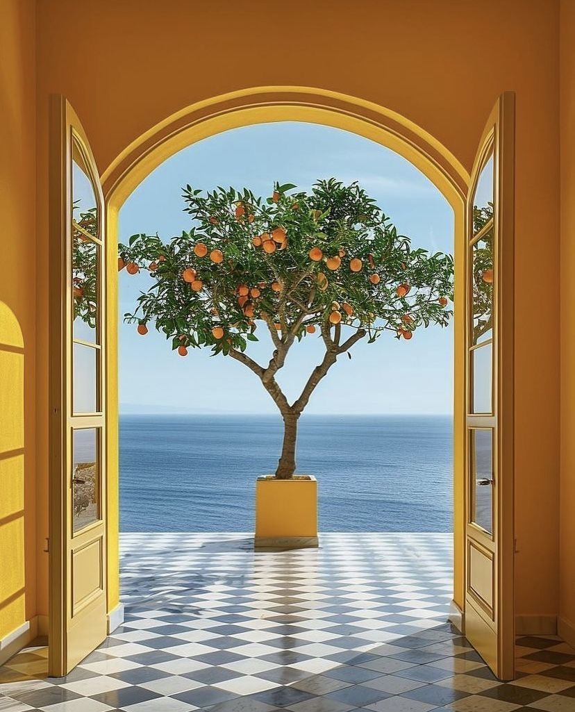 Sunlit Orange Tree Through Yellow Archway