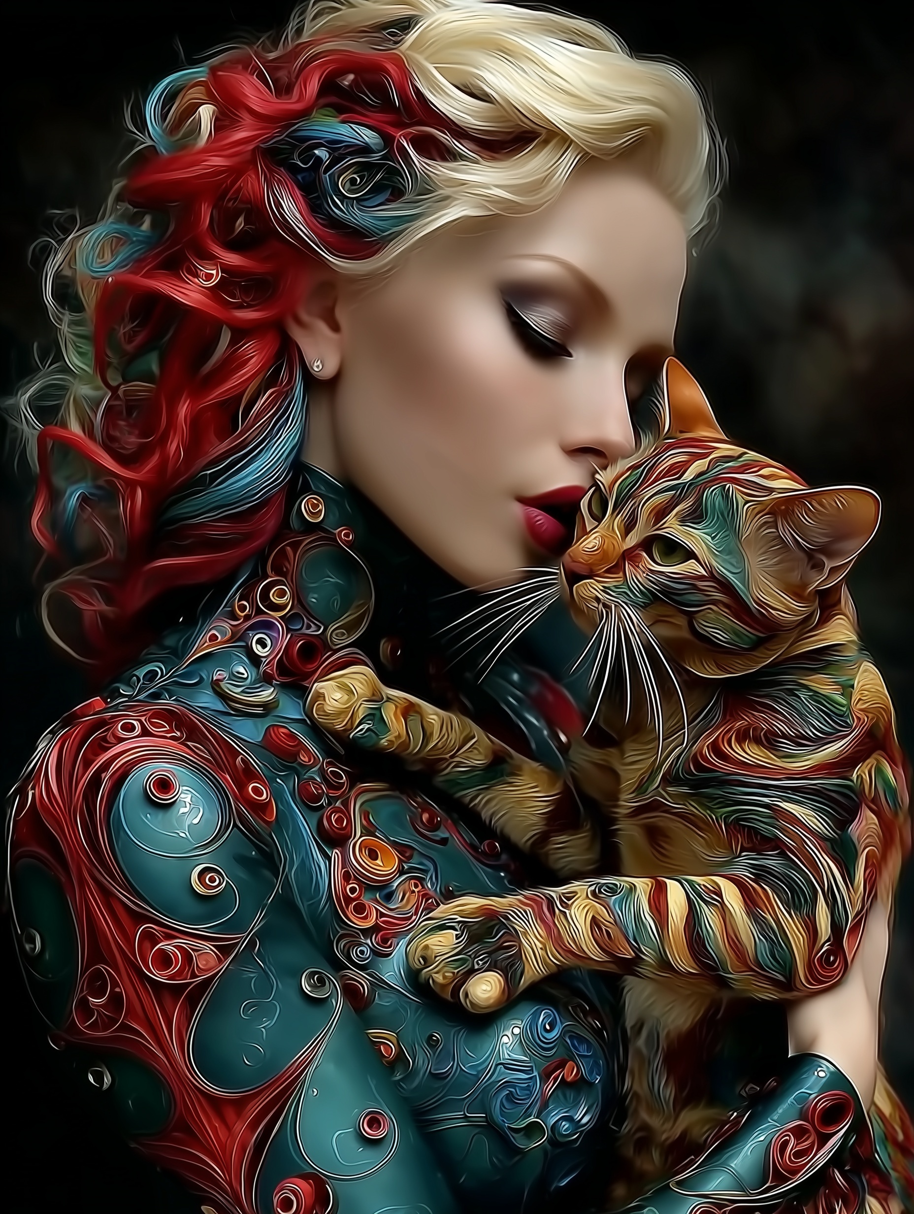 Colorful Woman Embracing Cat