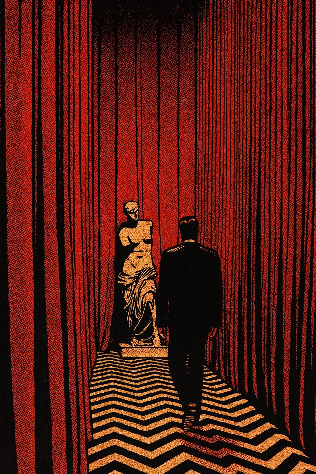 Statue and Figure in Red Curtain