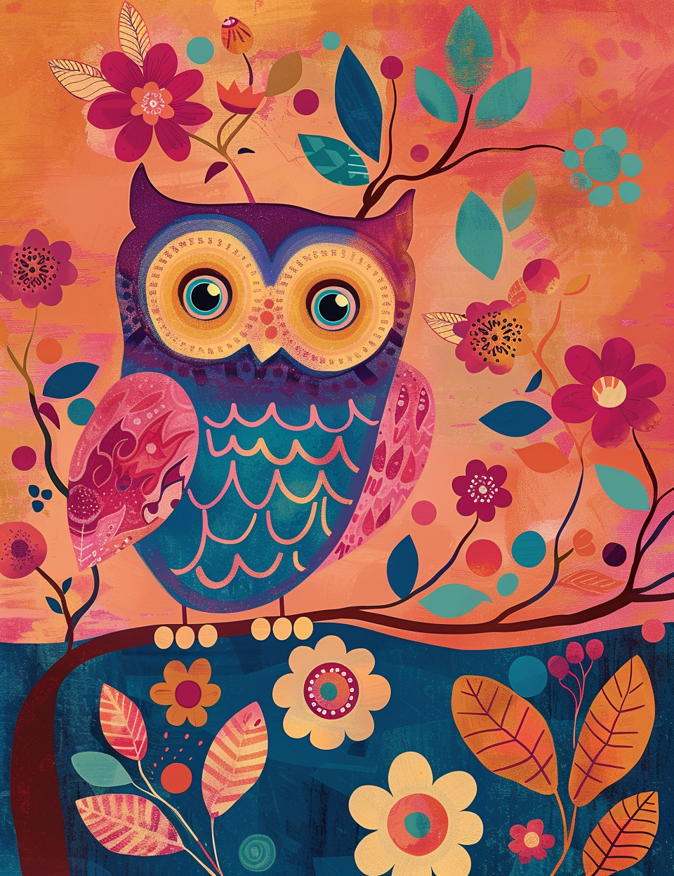 Colorful Owl in Floral Tree