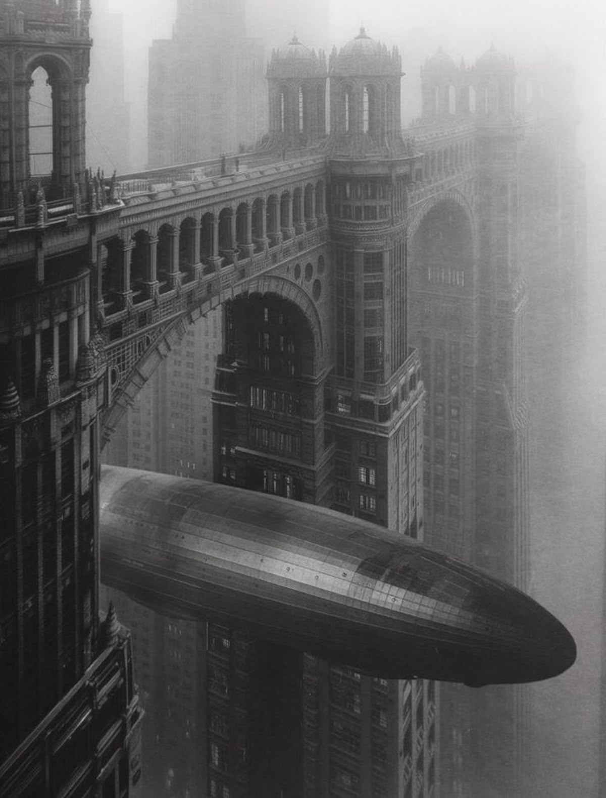 Steampunk dirigible over Victorian architecture