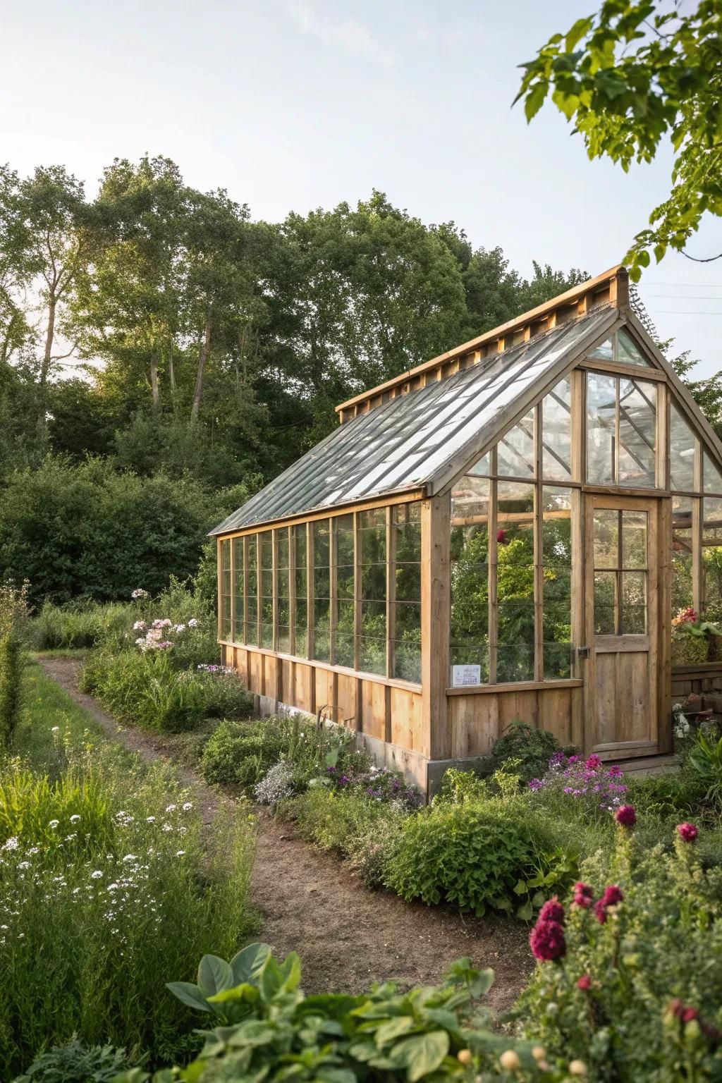 Wooden Greenhouse Amidst Lush Garden