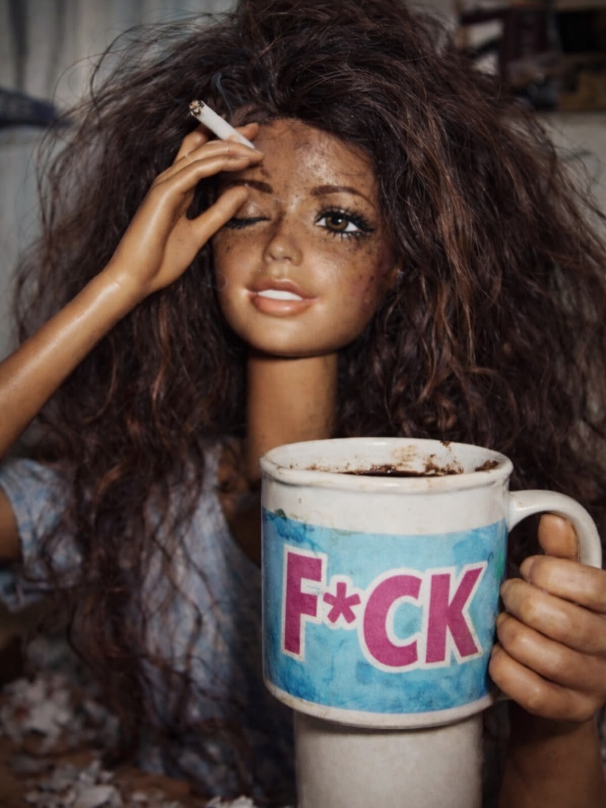Barbie Doll Smoking and Holding a Mug