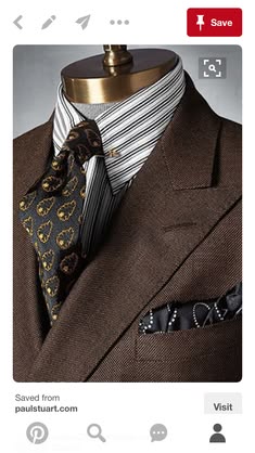 Elegant Brown Suit with Striped Shirt and Paisley Tie
