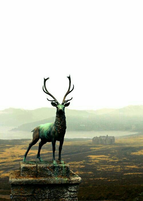 Epic Stag Statue Overlooking Misty Landscape