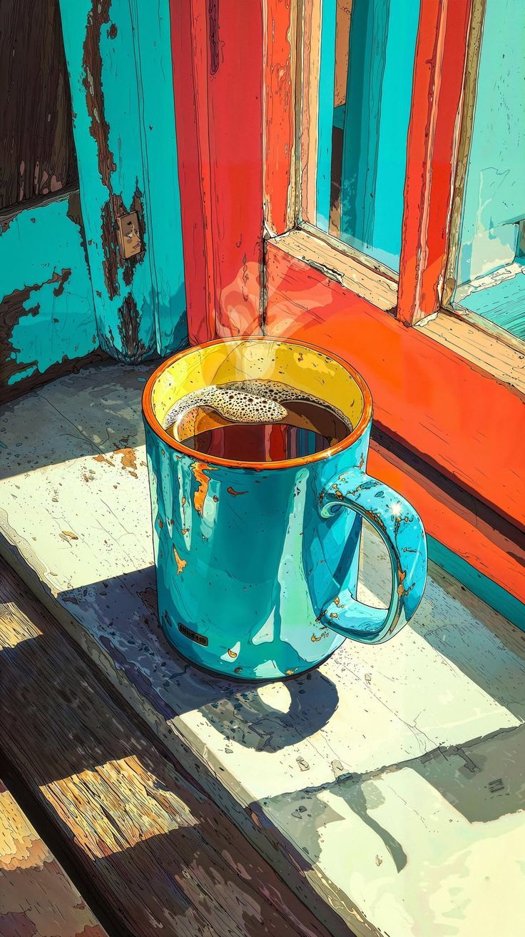 Steaming Mug on Weathered Porch