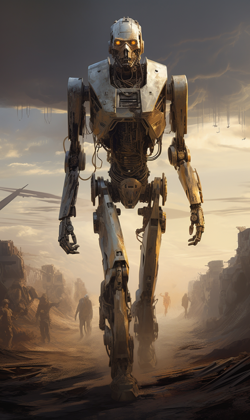 Giant Robot Walking Through Ruins