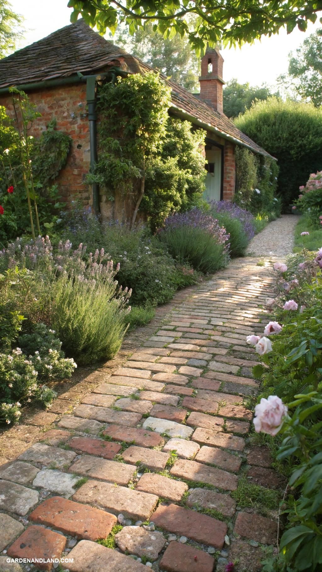 Lavender-lined brick pathway