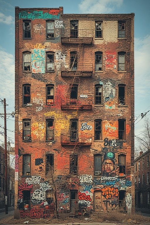 Graffiti-covered brick building