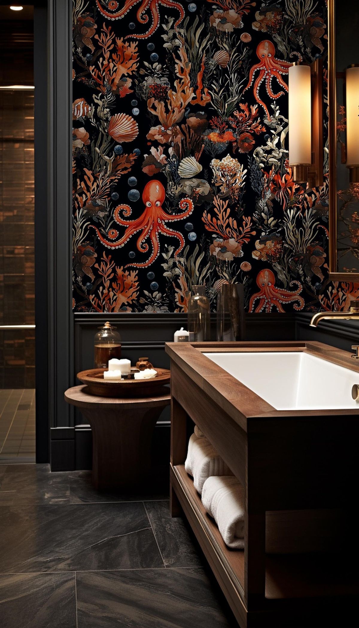 Elegant Bathroom with Octopus Wallpaper