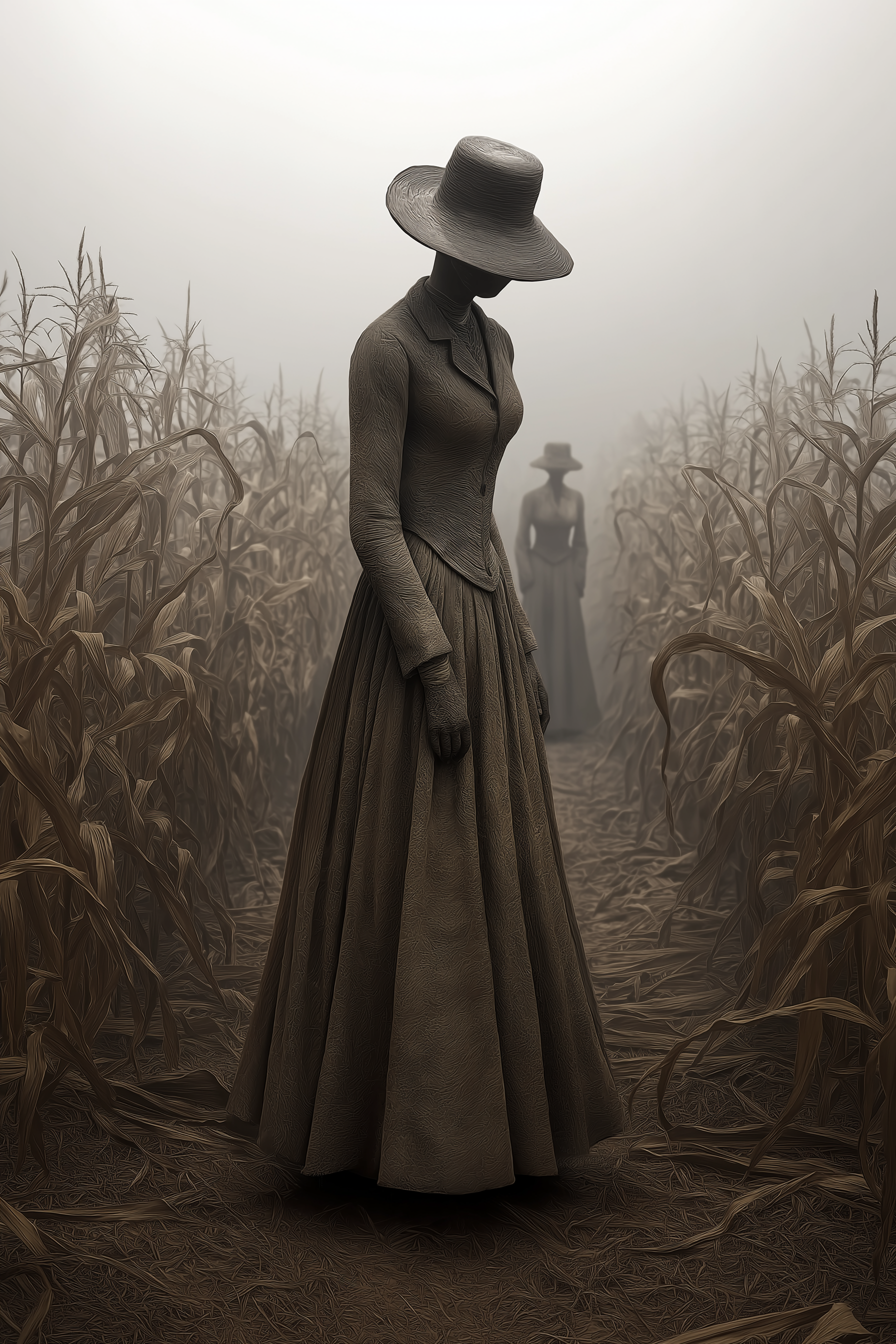 Mysterious Figures in Foggy Cornfield