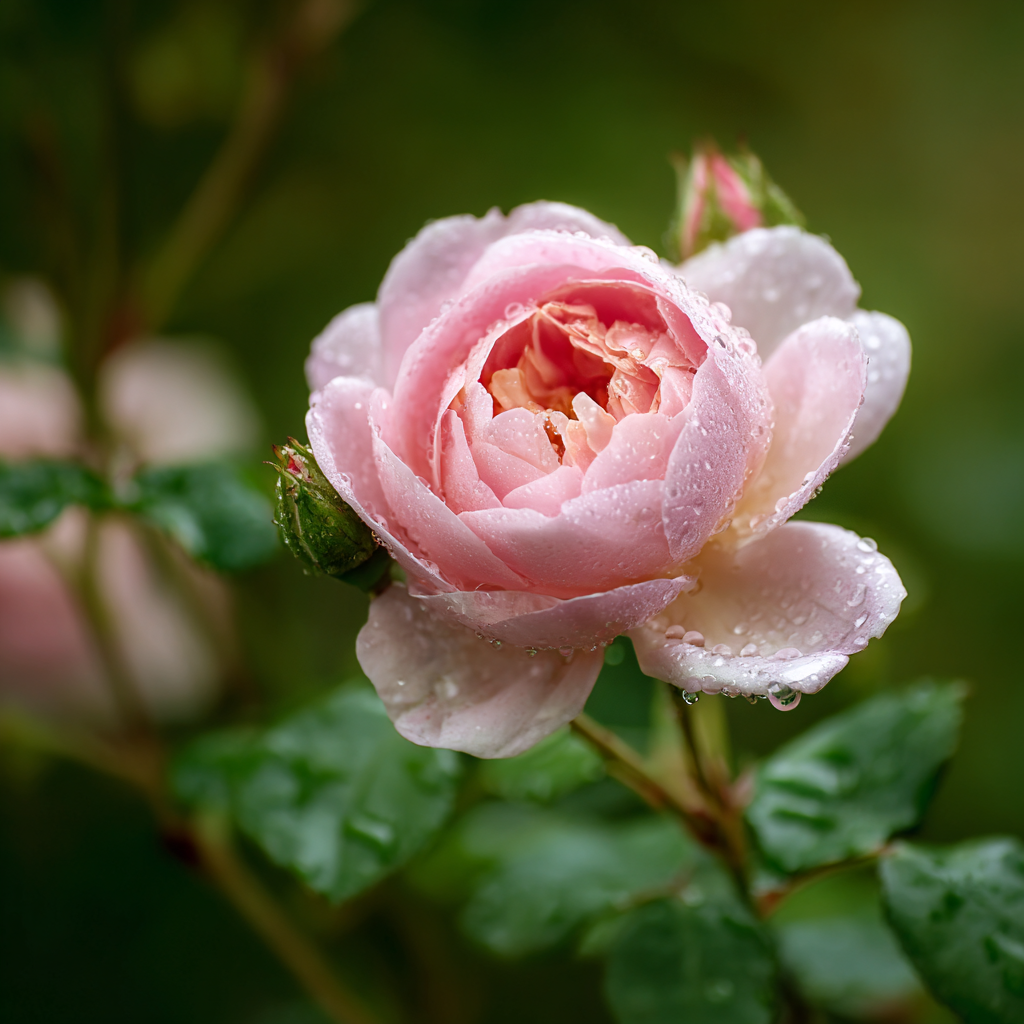 A delicate pink rose with dewdrops