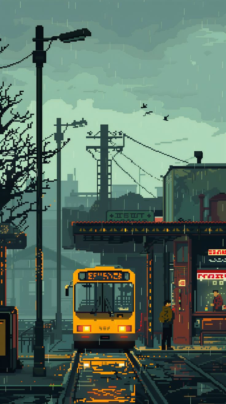 Pixelated Rainy Cityscape