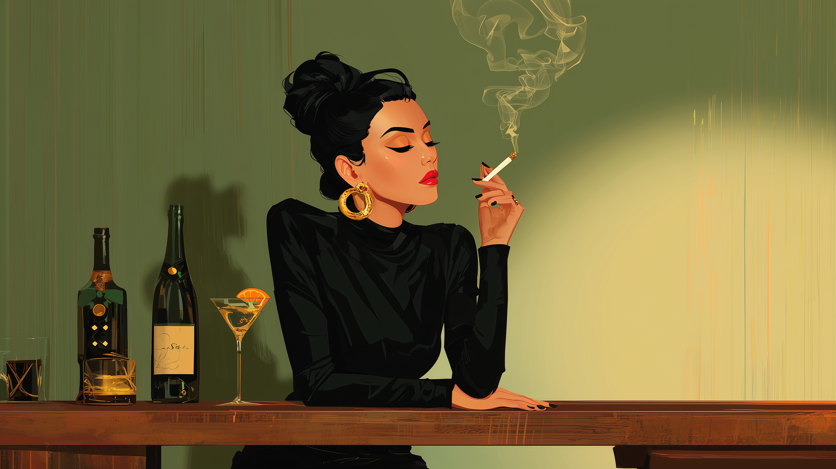 Elegant Woman Smoking at Bar