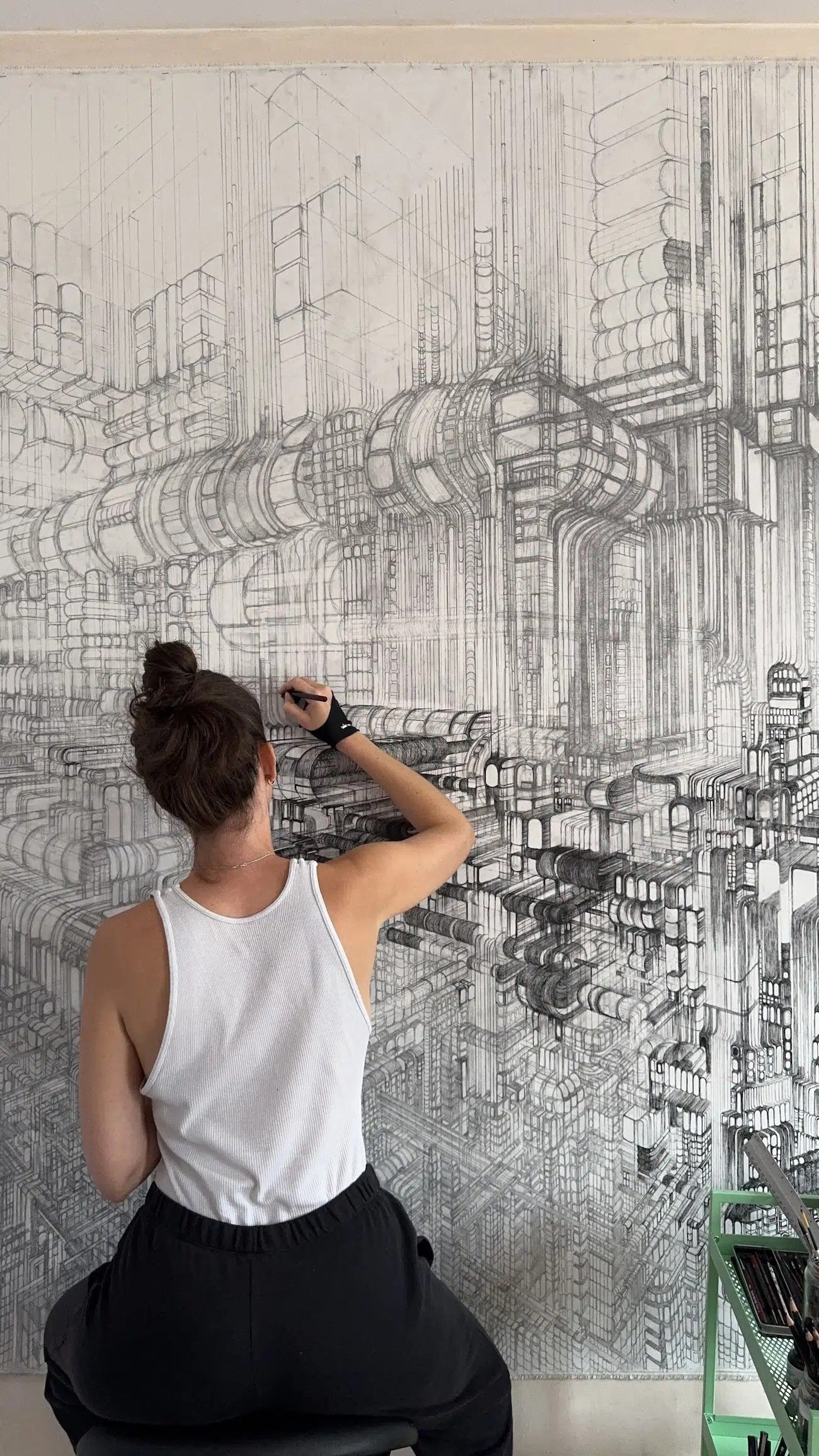Artist Sketching Complex Mechanical Design