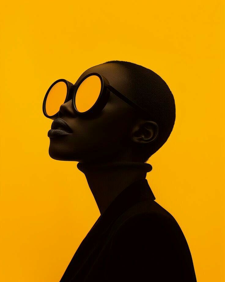 Silhouette of a person wearing oversized sunglasses against a yellow background