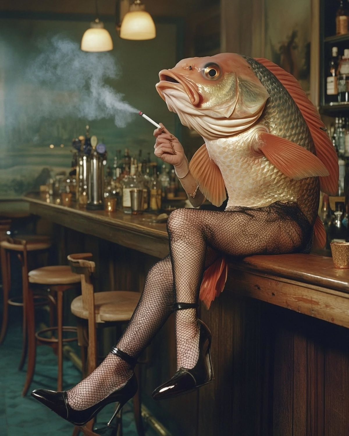Fish Woman Smoking at Bar