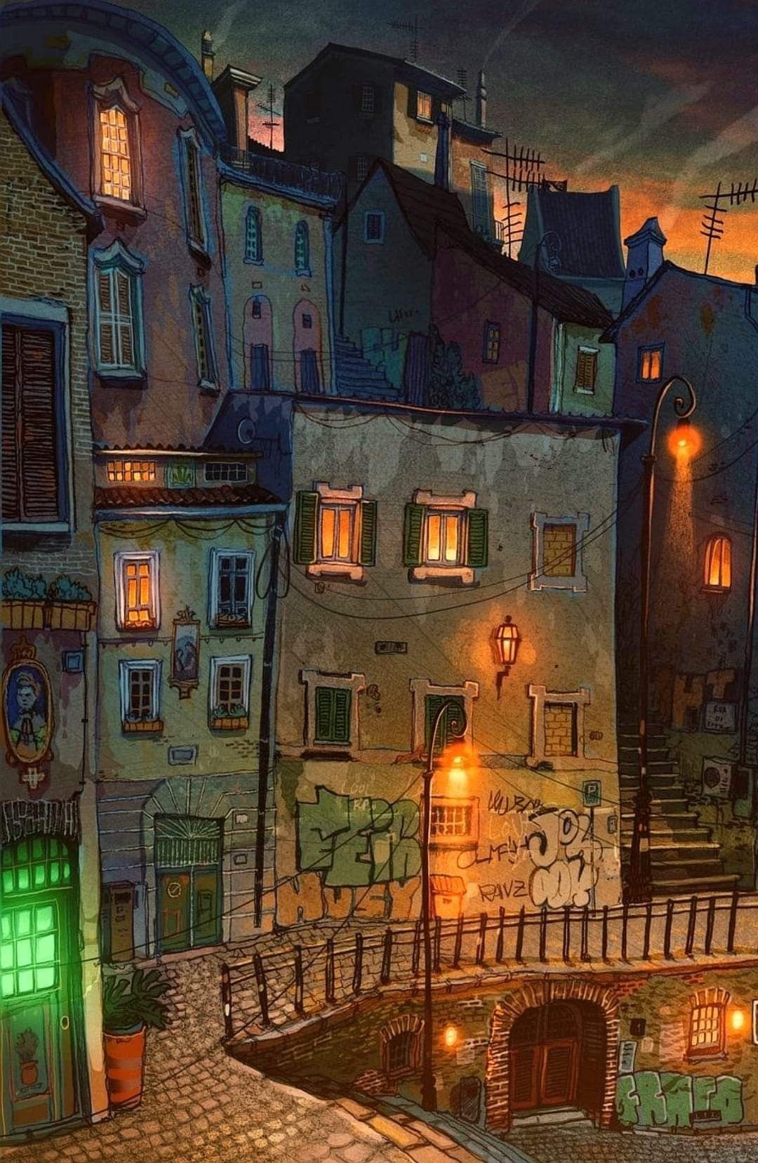 A quaint street scene with illuminated windows and graffiti.