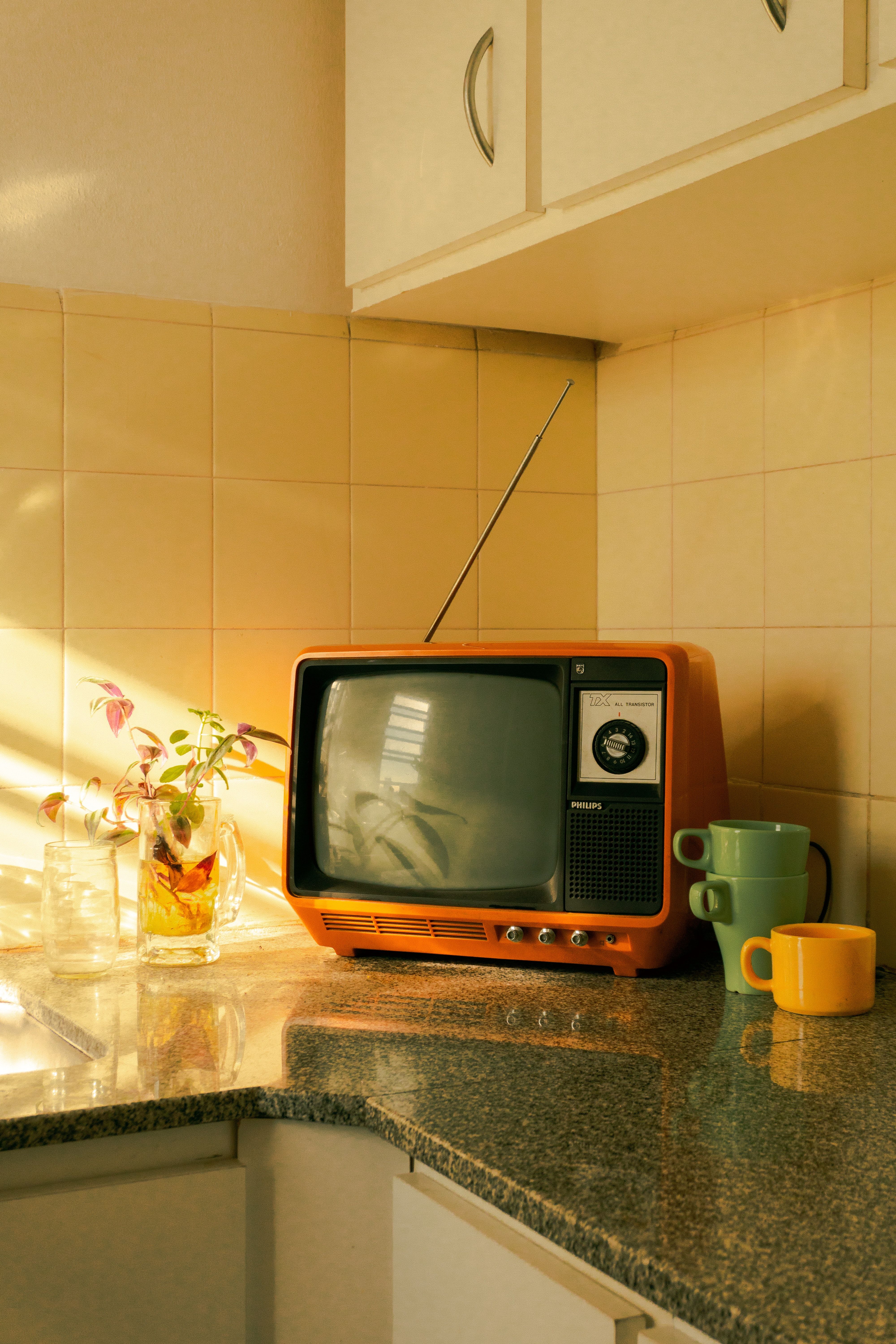 Vintage TV in Sunlit Kitchen