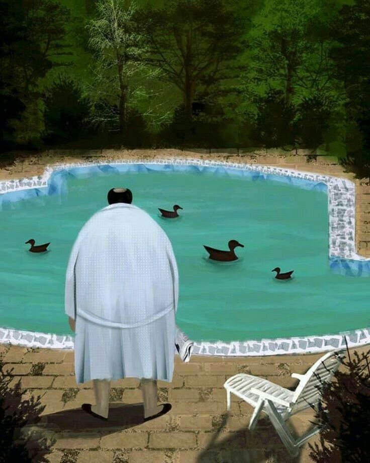Man in Robe Observing Ducks in Pool