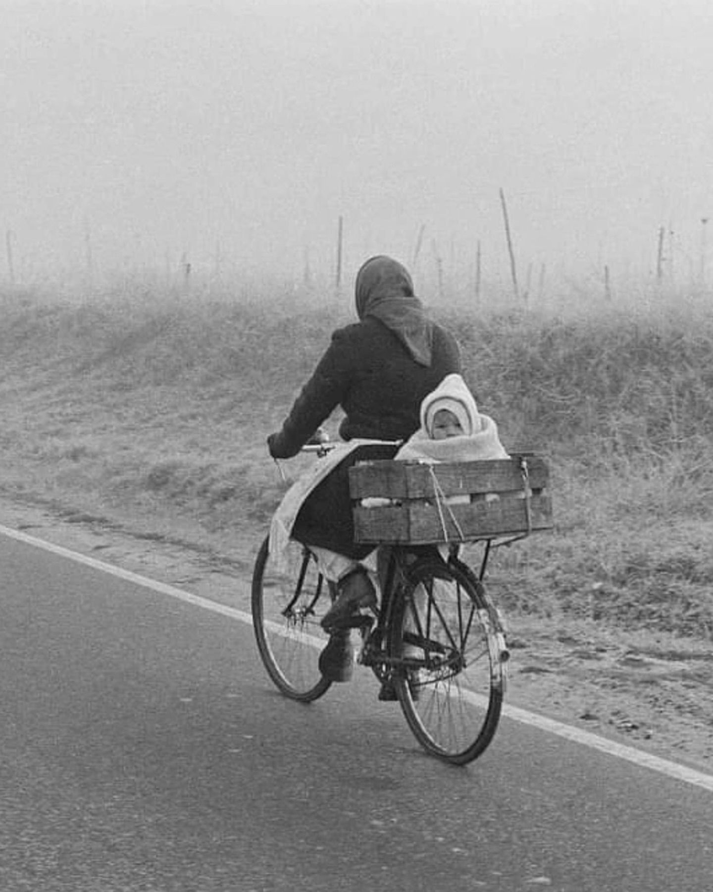 Woman Cycling with Baby in Fog