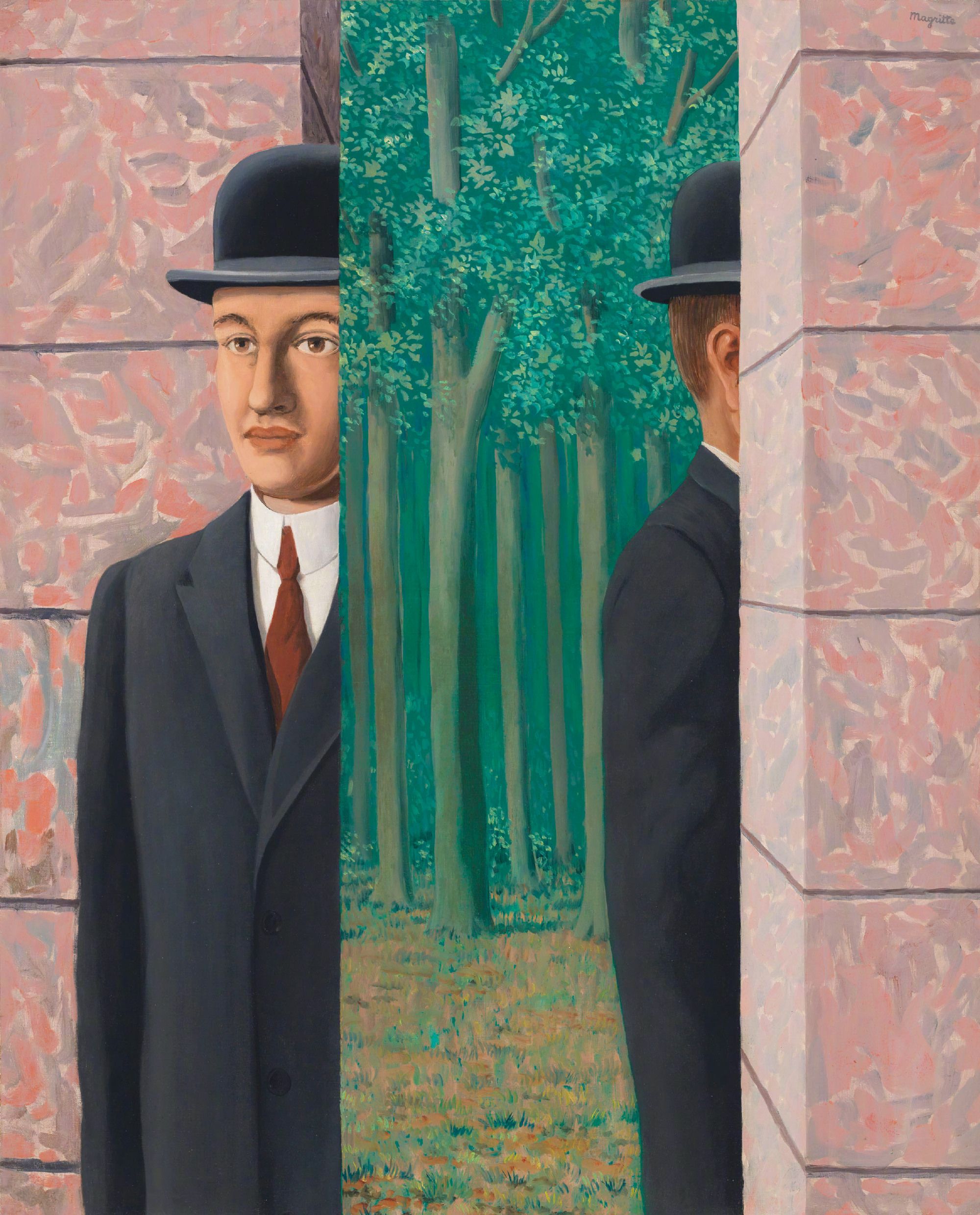 Man in Bowler Hat Peering Through Wall