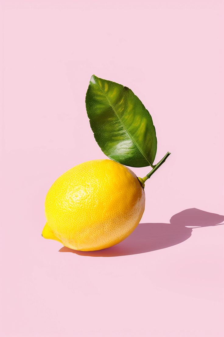 Lemon with Leaf on Pink Background