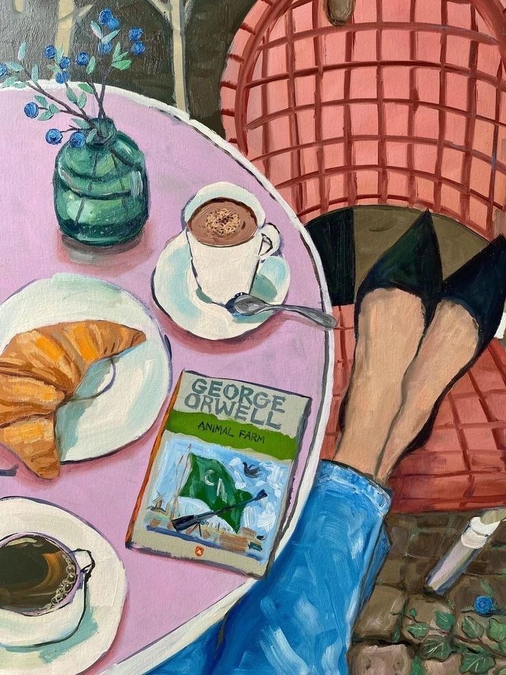 A cozy café scene with George Orwell's 'Animal Farm'