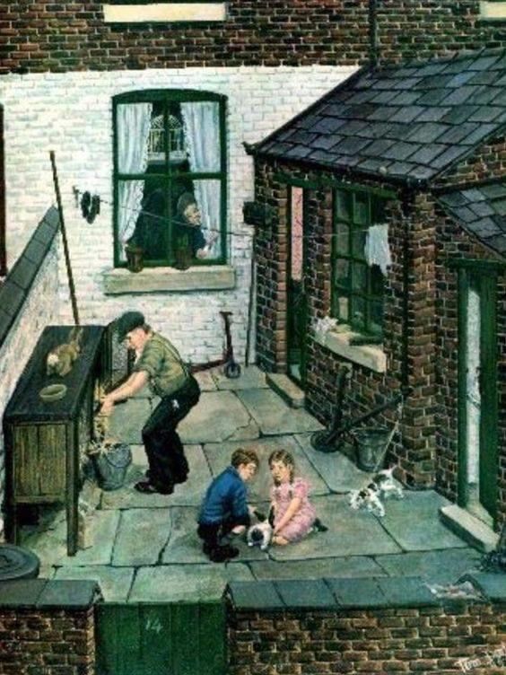 Family Scene Outside Brick Cottage