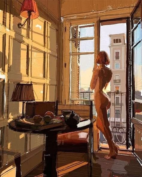 Sunlit Nude Woman by Open Window