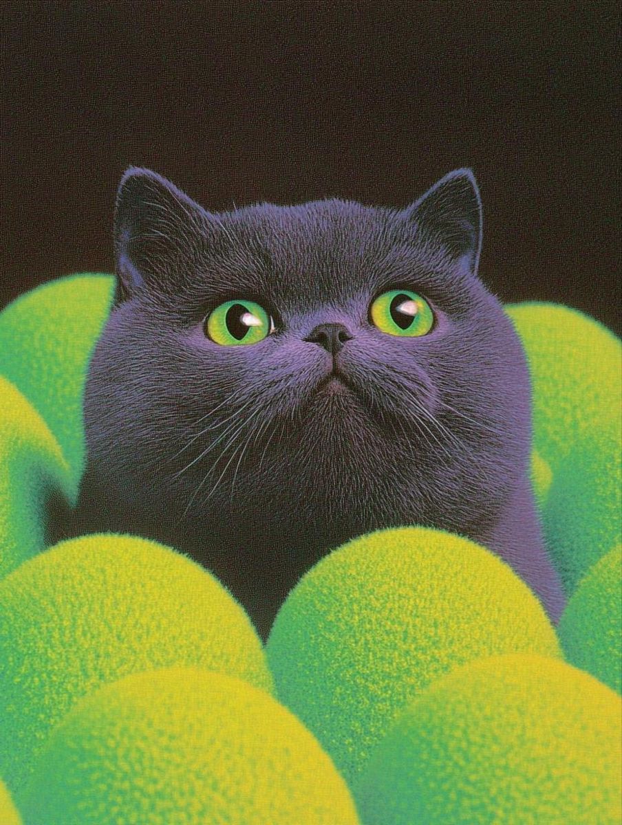Mysterious Cat Amidst Green Balls