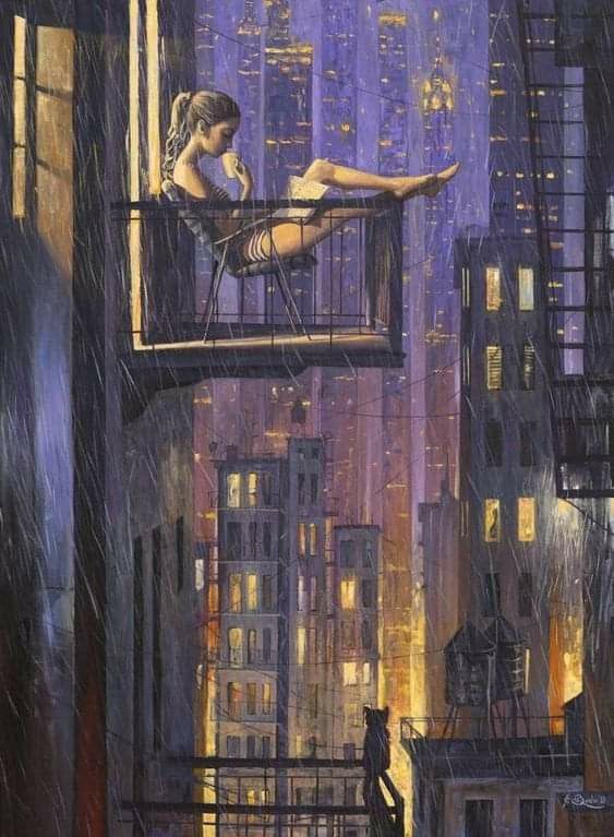 Woman Reading on Rainy Balcony