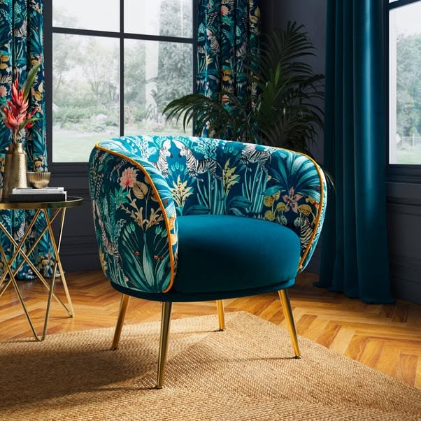 Teal Velvet Chair with Floral Pattern