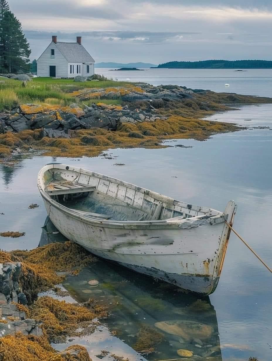 Lonely Rowboat on Rocky Shore