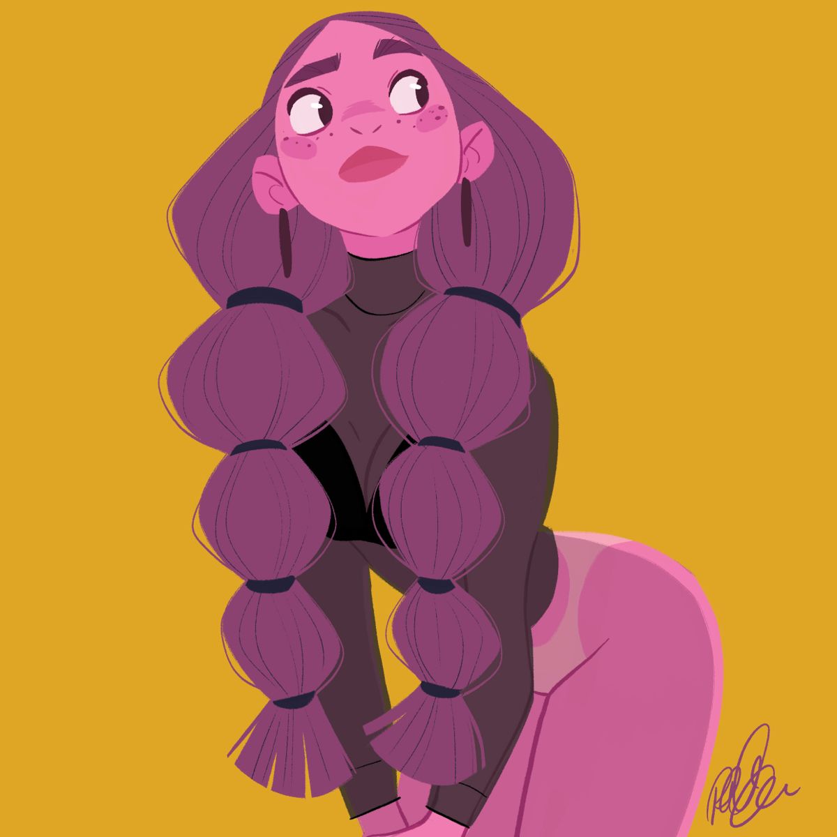 Purple-haired girl in tight outfit