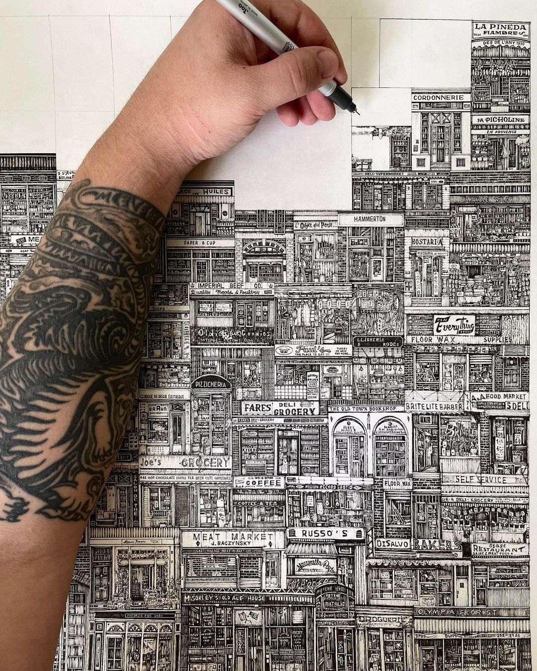 Detailed Ink Drawing of Vintage Storefronts