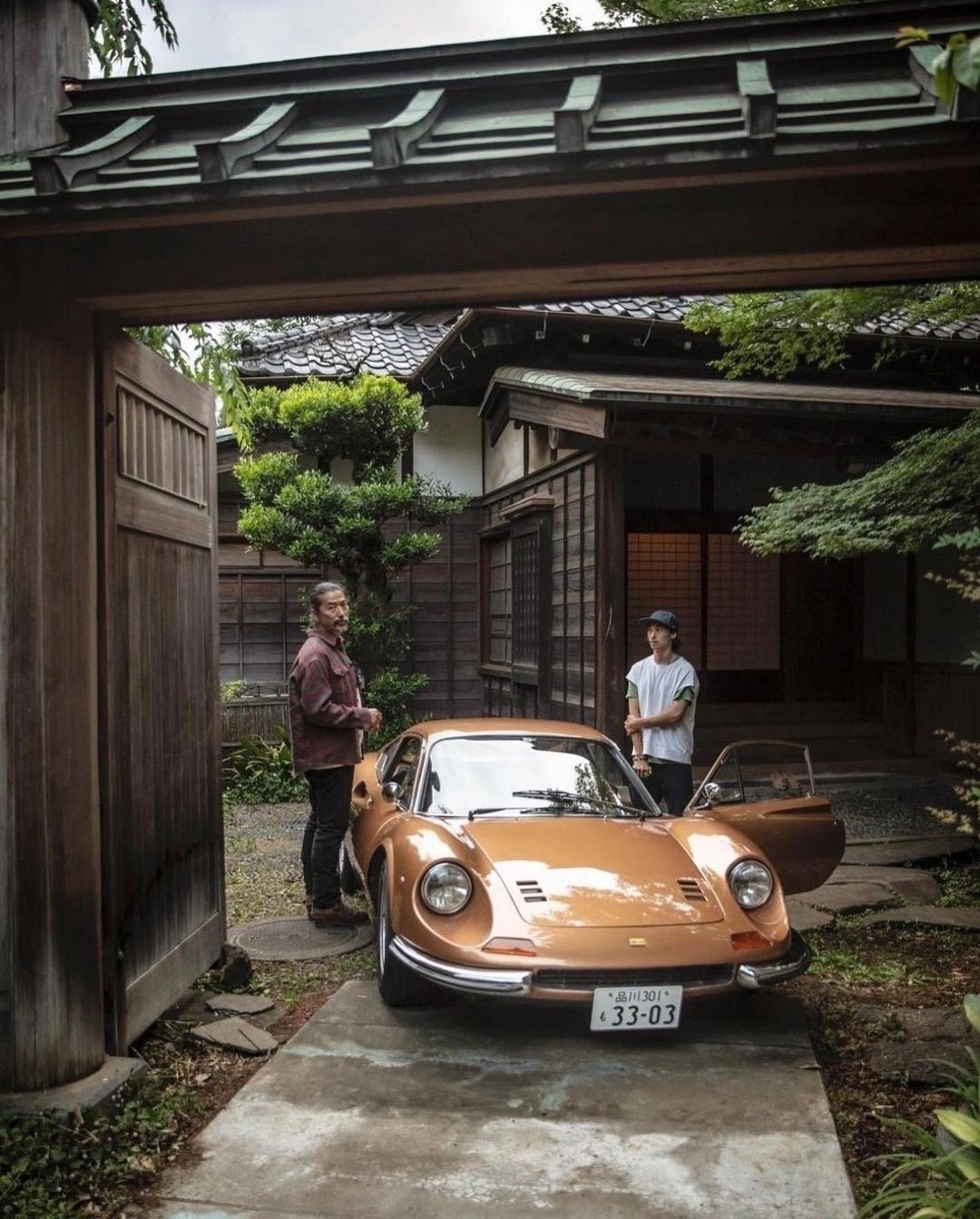 Vintage Car in Traditional Japanese Courtyard