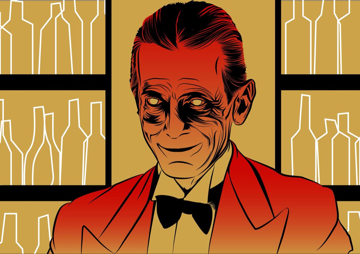 Red-suited man with eerie expression