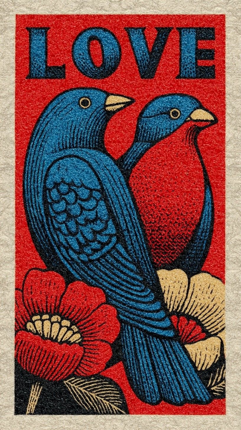Blue Birds on Red Background