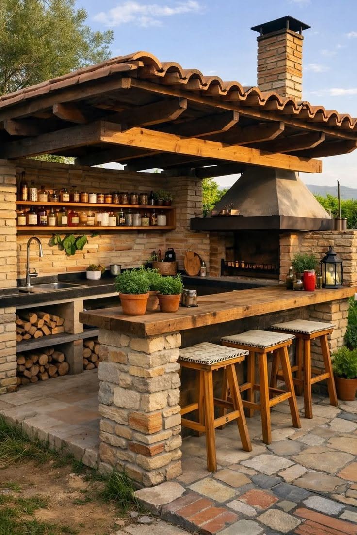 Outdoor Kitchen with Stone Bar and BBQ