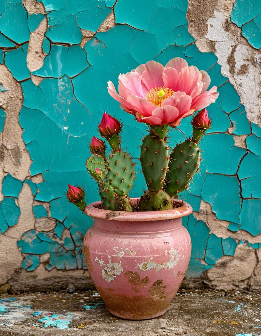 Cactus Bloom Against Peeling Wall