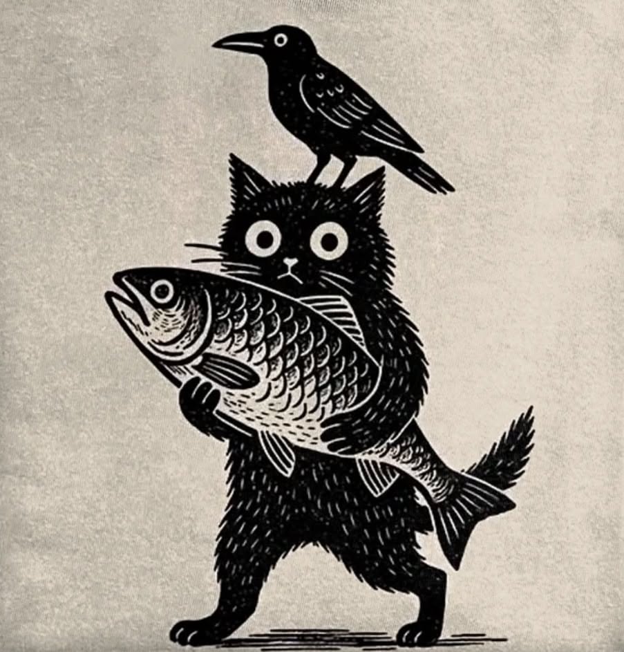 Black Cat Carrying Fish with Raven