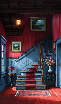 Vintage Staircase with Red and Blue Accents
