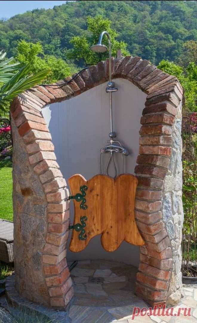 Outdoor Shower with Wooden Bench