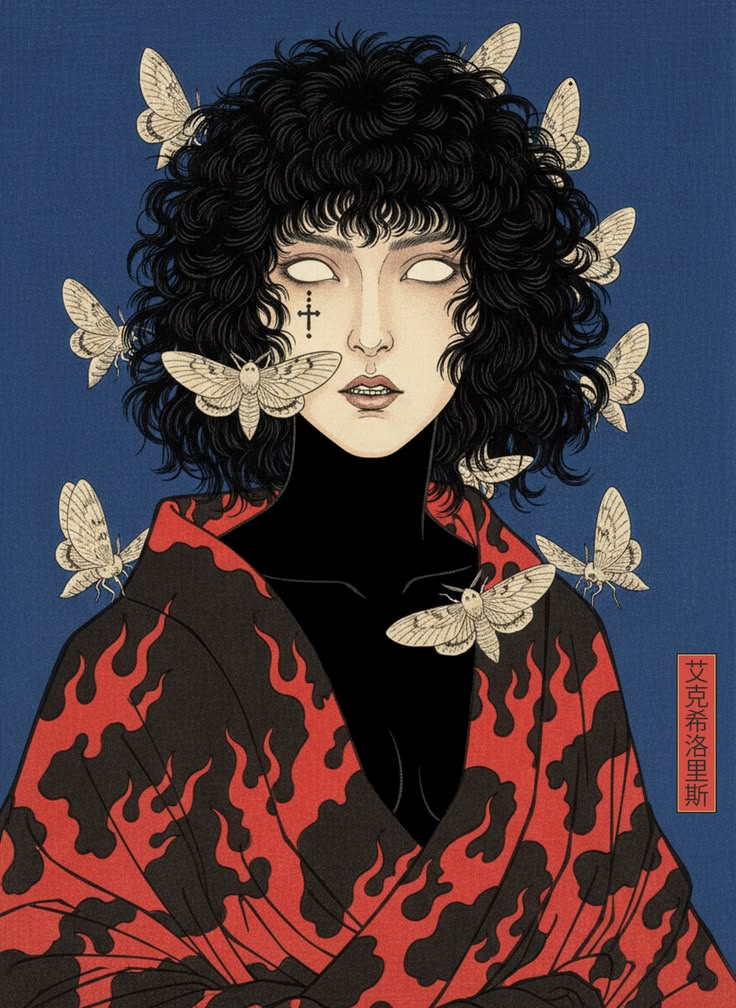 Curly Haired Woman with Moths