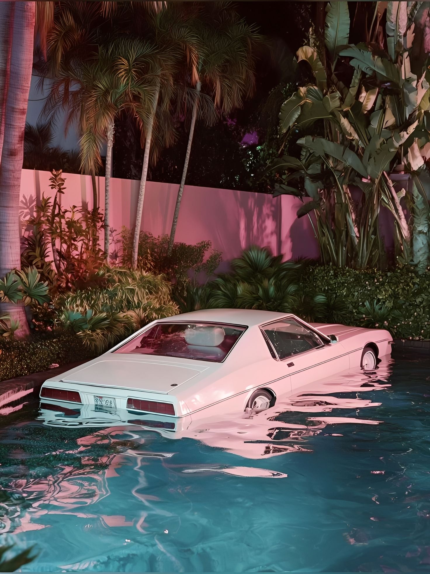 Pink Car Submerged in Pool
