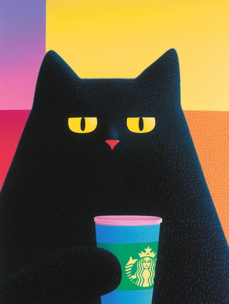 Black Cat with Starbucks Cup