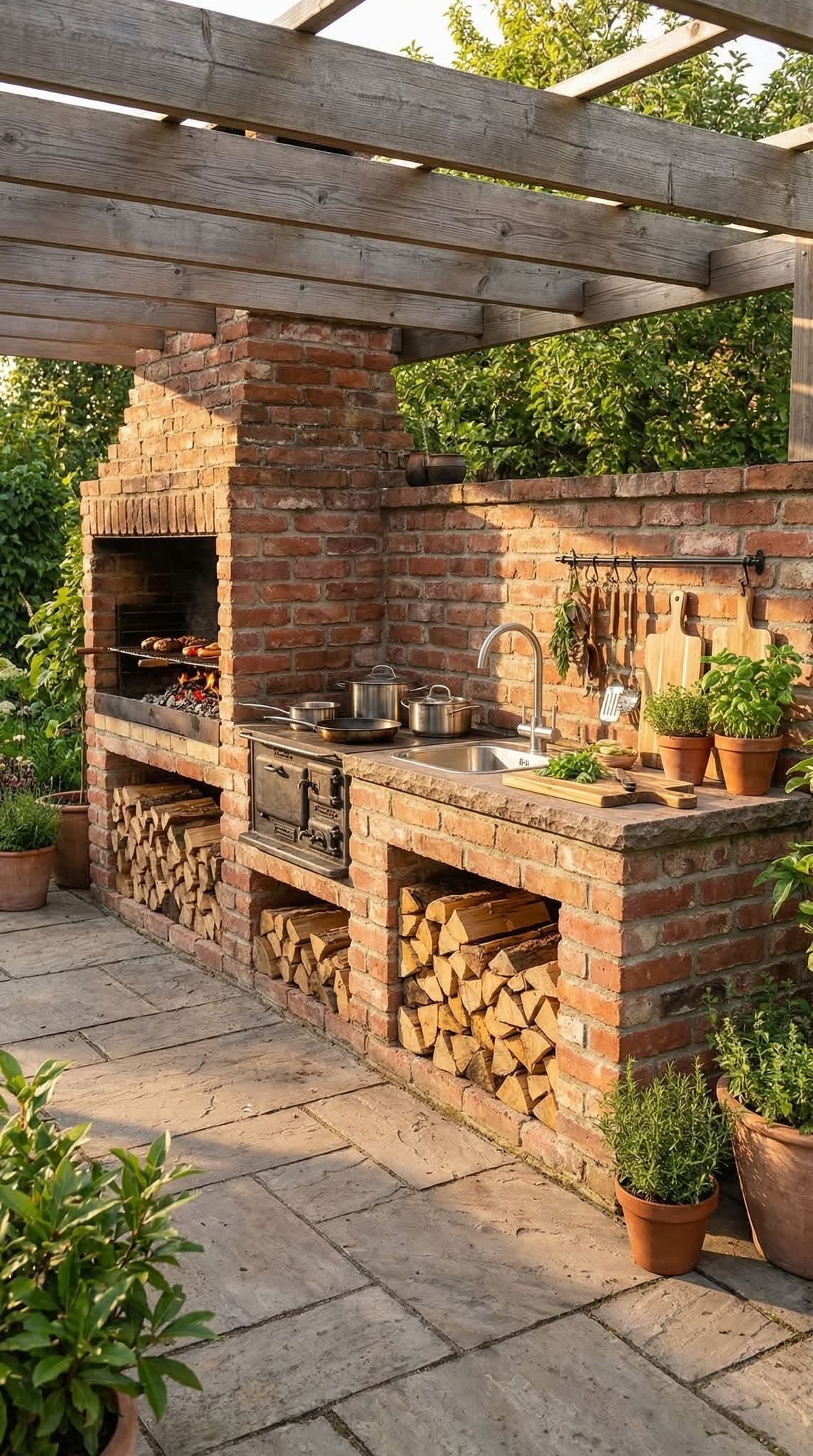 Outdoor Brick Kitchen with Firewood Storage