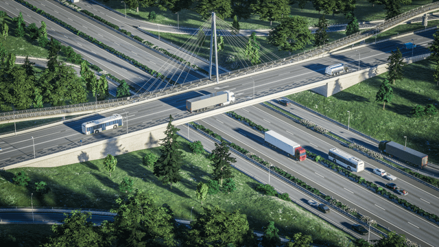 Highway Overpass with Trucks